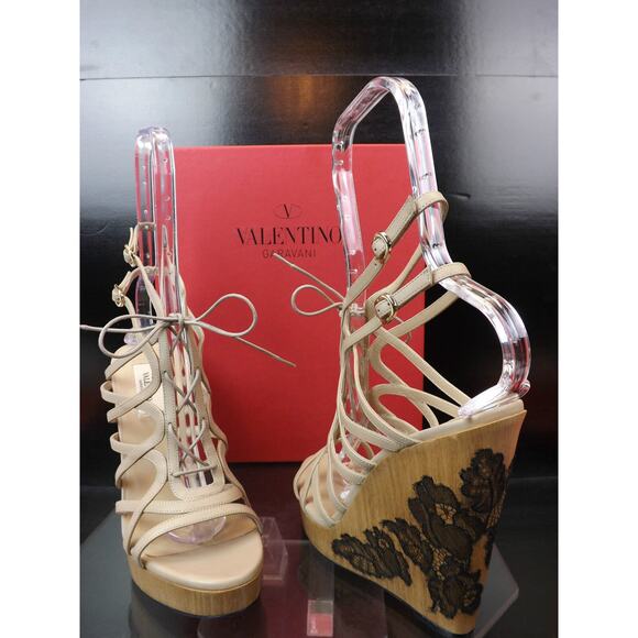 NIB VALENTINO NUDE LEATHER CAGE LACE UP WOODEN LACE WEDGES SANDALS 40 $1095 - Picture 10 of 12